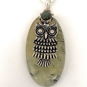 2 1/2 inch , Prehnite and Labradorite with silver owl pendant on silver chain.